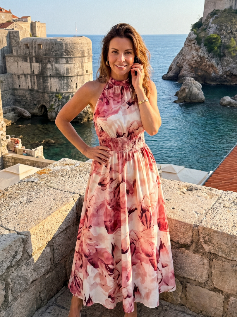 Olivia | Vestido Midi Abstracto con Cintura Fruncida