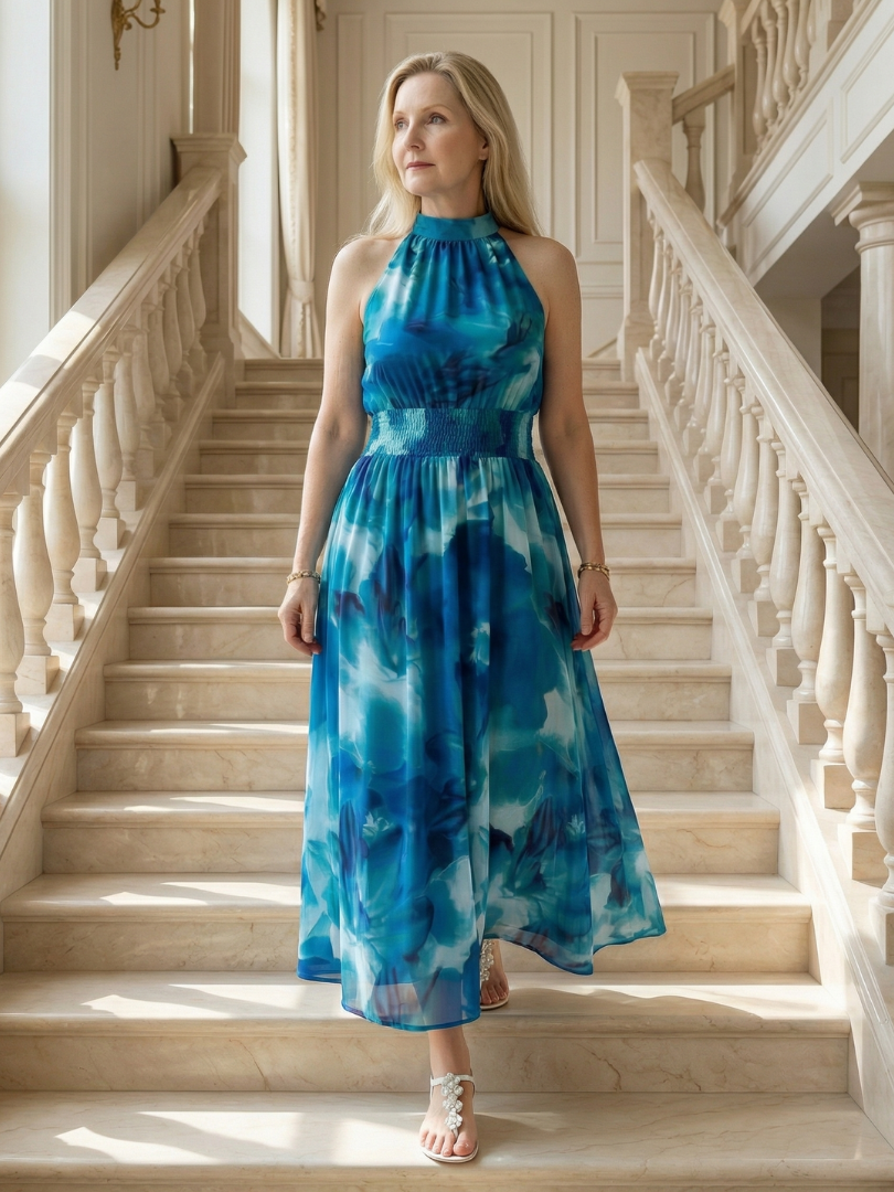 Sylin | Vestido Midi Halter con Cintura Fruncida