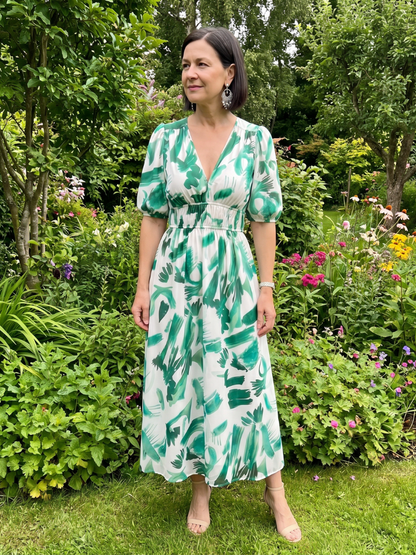 Candlia | Vestido Midi con Mangas Abullonadas y Estampado Abstracto