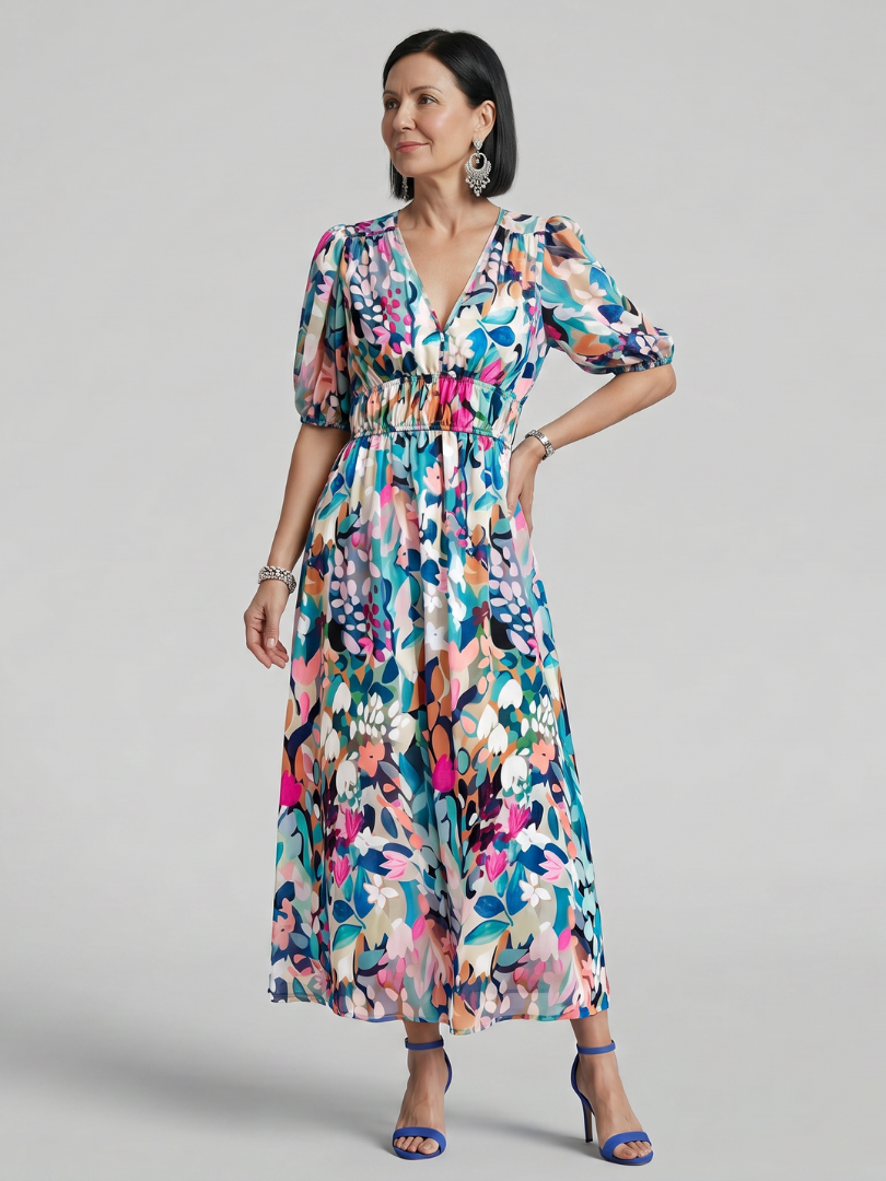 Candlia | Vestido Midi con Mangas Abullonadas y Estampado Abstracto