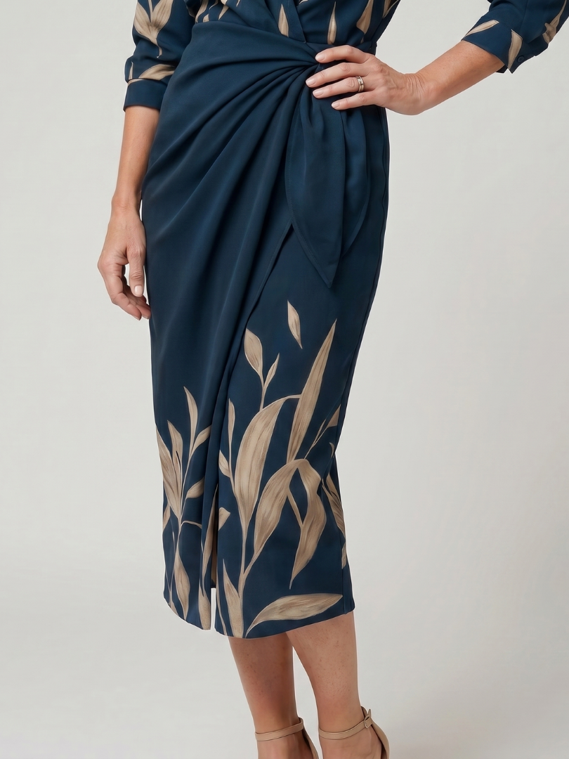 Leya | Vestido Midi Cruzado de Manga Larga con Rayas