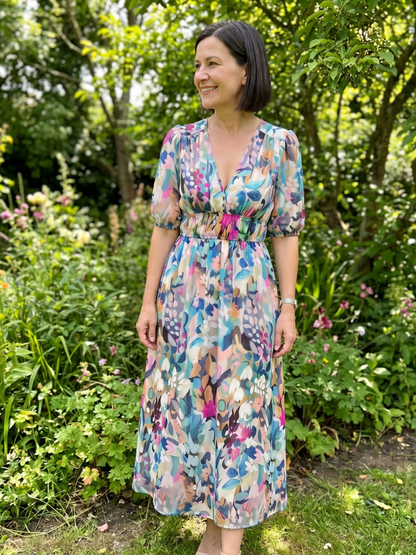 Candlia | Vestido Midi con Mangas Abullonadas y Estampado Abstracto