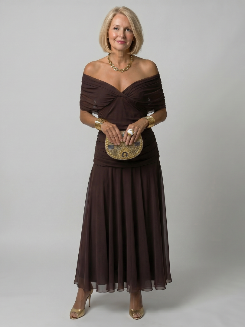 Calen | Vestido Midi Fluido con Escote Bardot