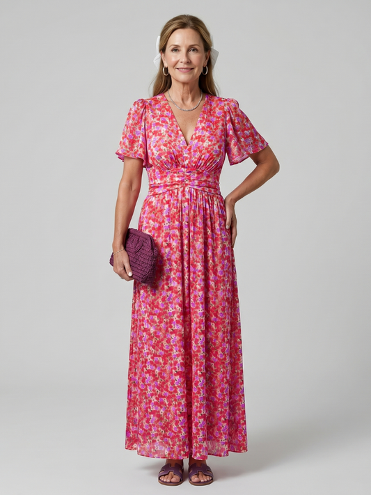 Juna | Vestido Midi Floral de Manga Corta