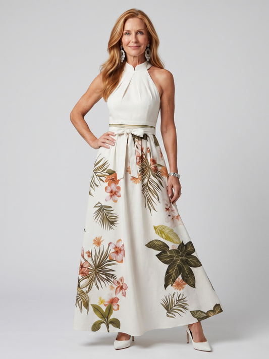 Meadow | Vestido Maxi Botánico con Escote Halter Drapado