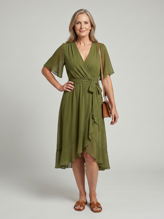 Keziah | Vestido Midi Cruzado con Bajo Fluido
