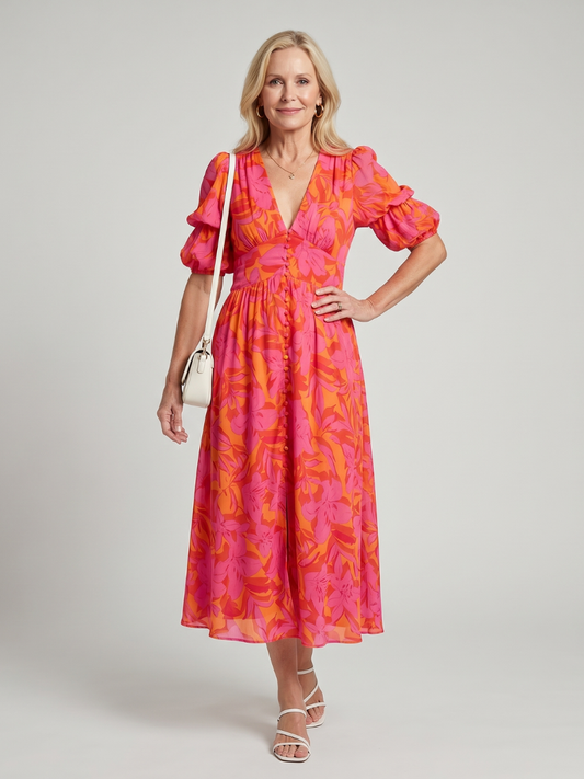 Zarelle | Vestido Midi Floral con Mangas Abullonadas