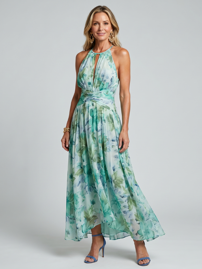 Portia | Vestido Midi Floral Plisado con Escote Halter