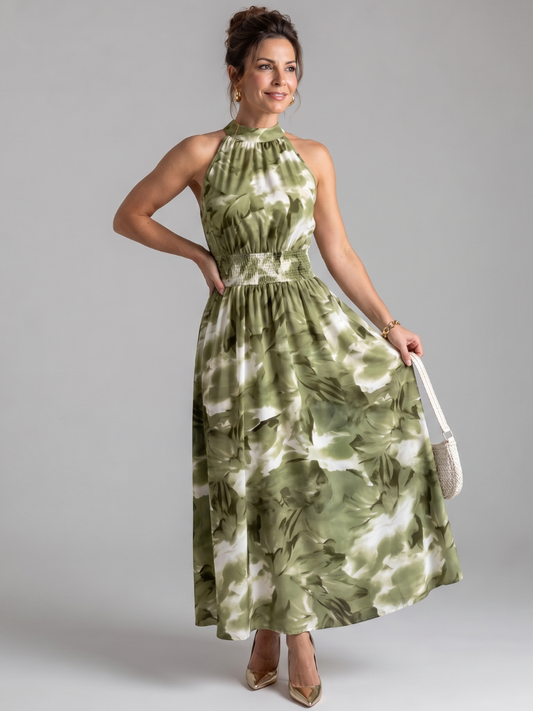 Olivia | Vestido Midi Abstracto con Cintura Fruncida