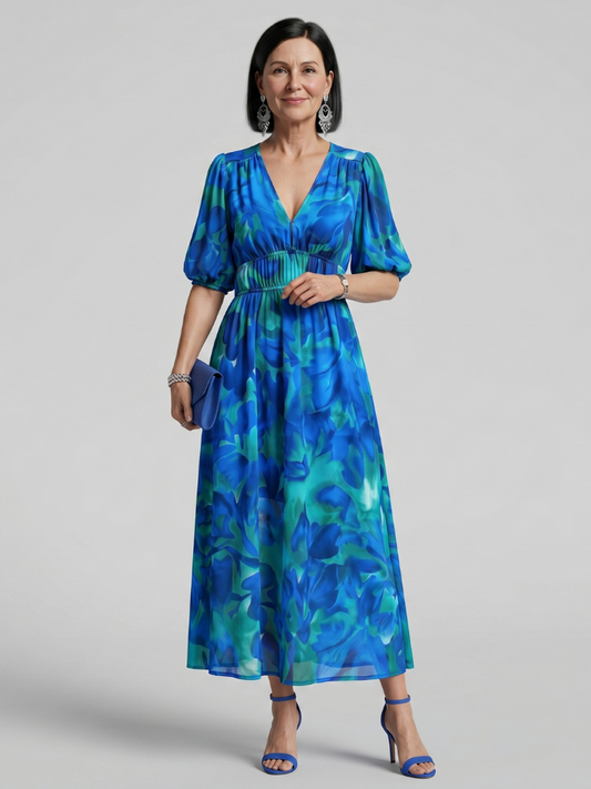 Candlia | Vestido Midi con Mangas Abullonadas y Estampado Abstracto