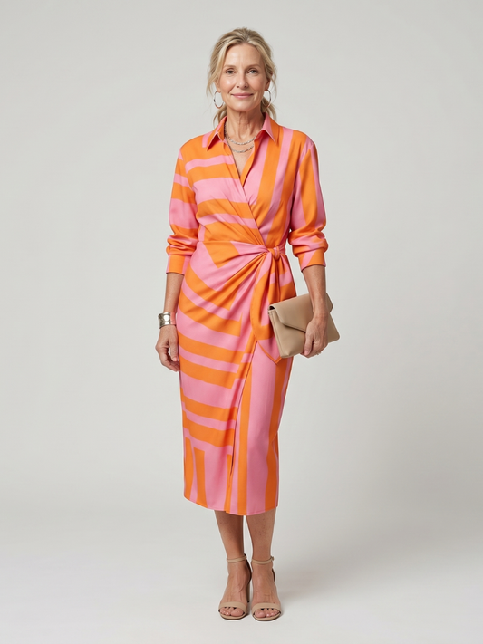 Leya | Vestido Midi Cruzado de Manga Larga con Rayas