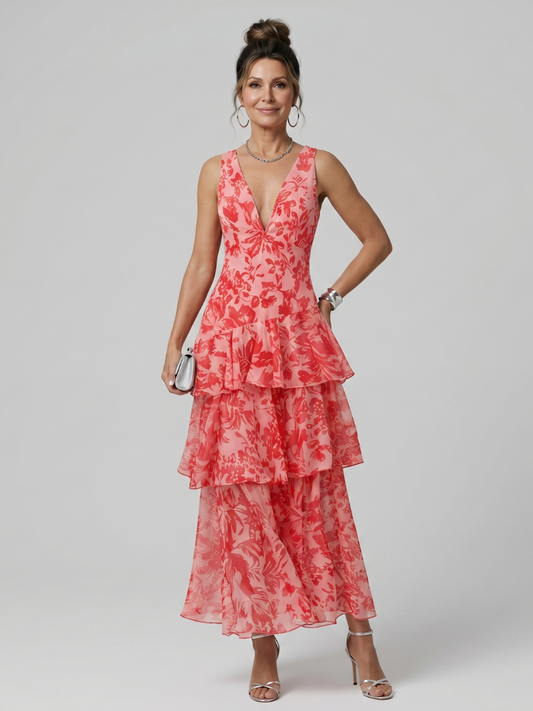 Gala | Vestido Midi sin Mangas con Escote en V y Estampado Artístico