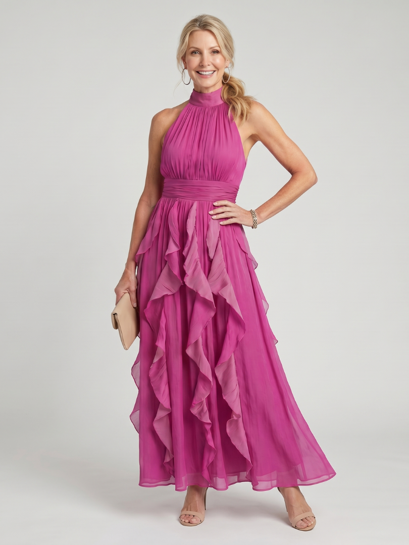 Orea | Vestido Maxi con Escote Alto y Volantes en Capas