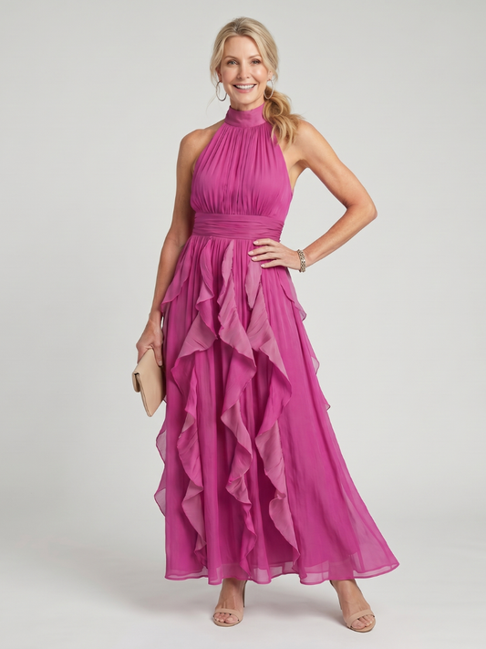 Orea | Vestido Maxi con Escote Alto y Volantes en Capas