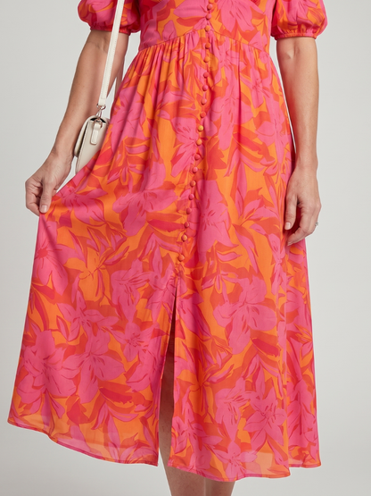 Zarelle | Vestido Midi Floral con Mangas Abullonadas