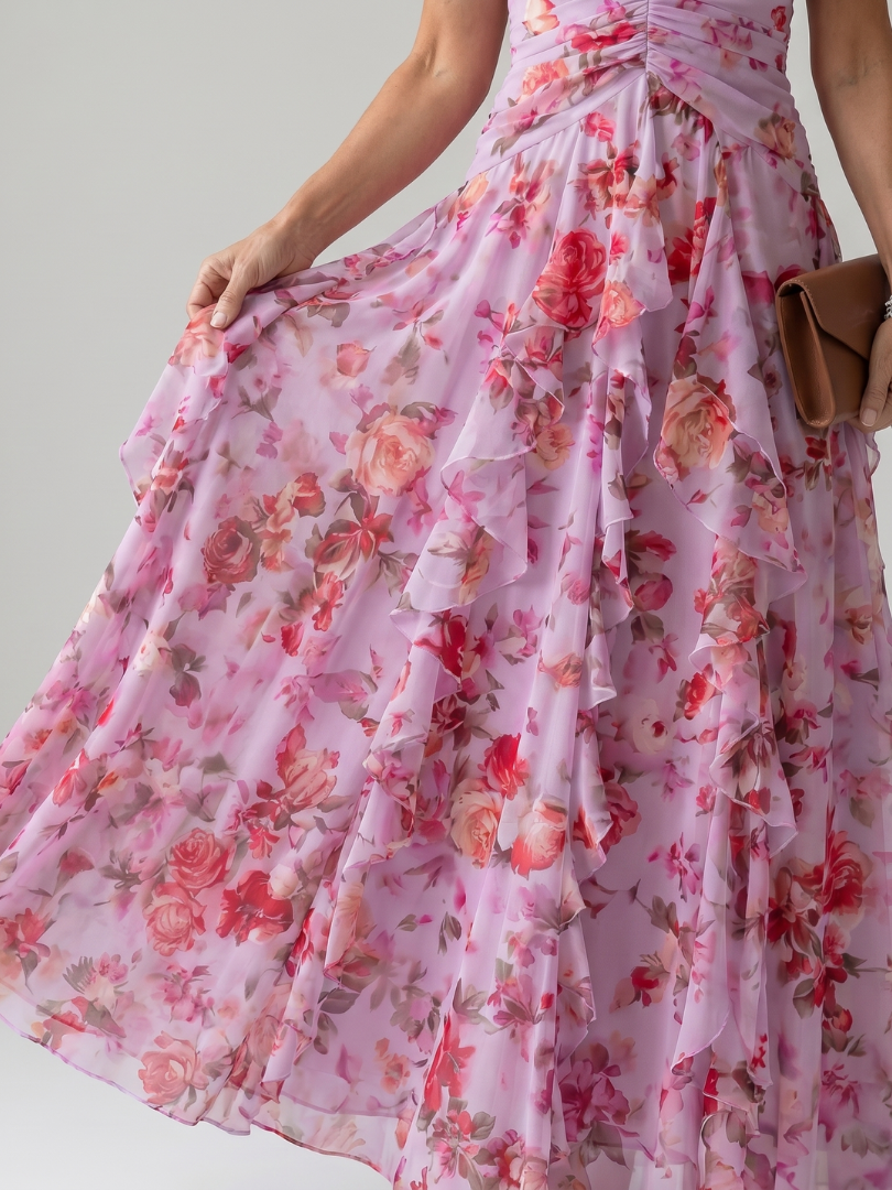 Nori | Vestido Maxi Floral con Escote Halter y Fruncido