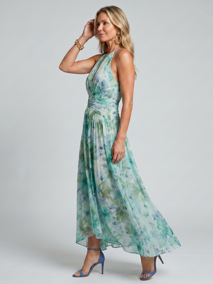 Portia | Vestido Midi Floral Plisado con Escote Halter