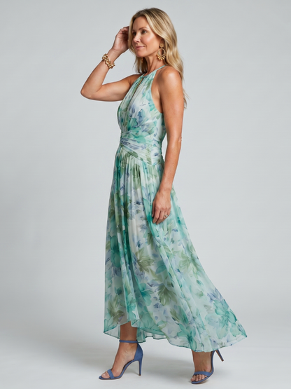 Portia | Vestido Midi Floral Plisado con Escote Halter