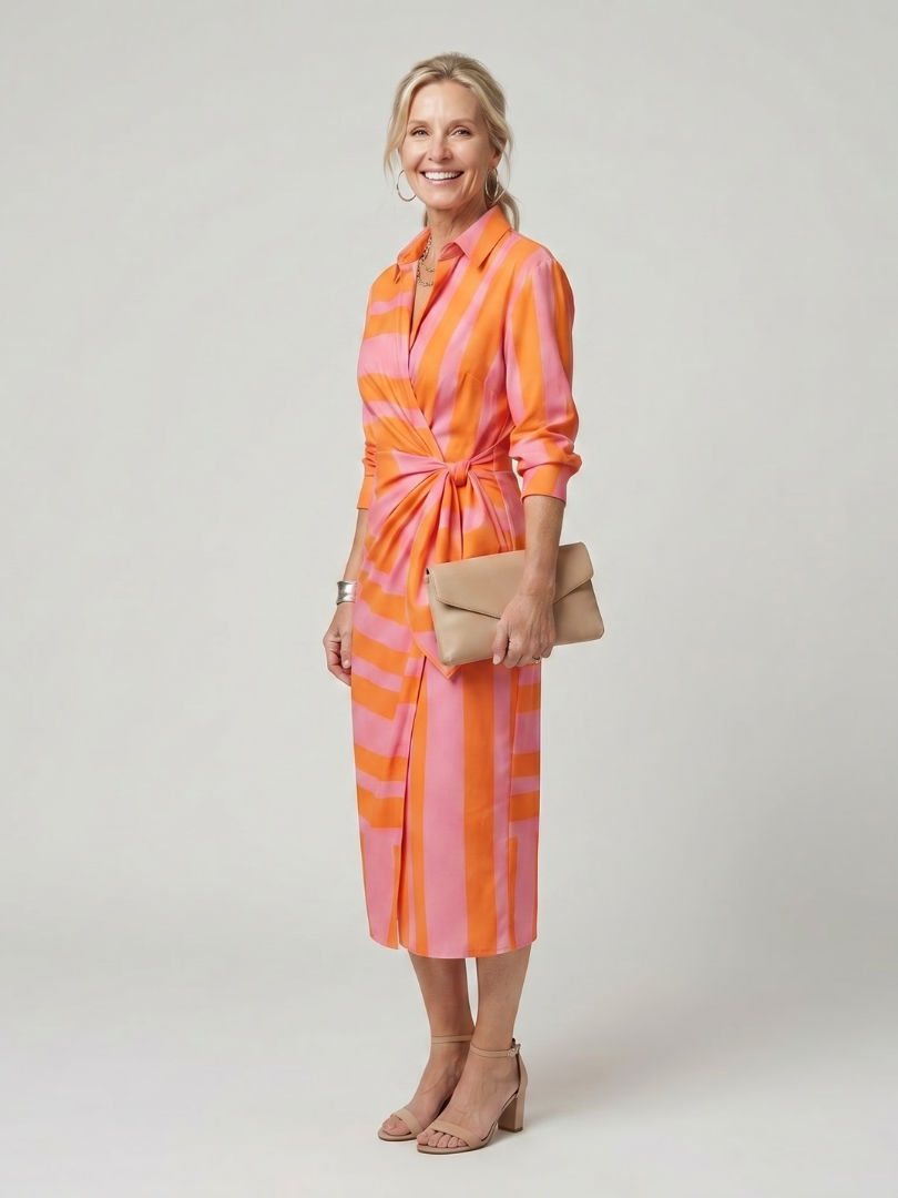 Leya | Vestido Midi Cruzado de Manga Larga con Rayas
