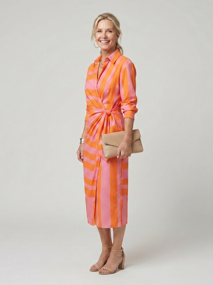 Leya | Vestido Midi Cruzado de Manga Larga con Rayas