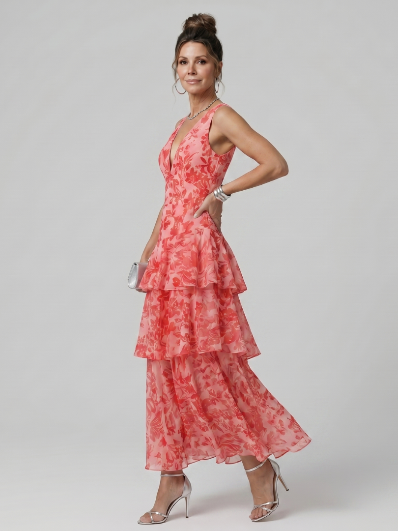 Gala | Vestido Midi sin Mangas con Escote en V y Estampado Artístico