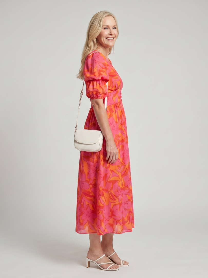 Zarelle | Vestido Midi Floral con Mangas Abullonadas