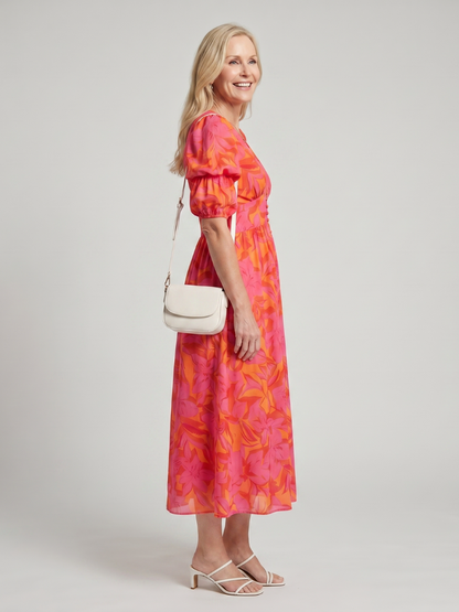 Zarelle | Vestido Midi Floral con Mangas Abullonadas