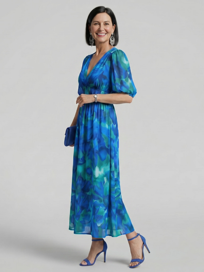 Candlia | Vestido Midi con Mangas Abullonadas y Estampado Abstracto