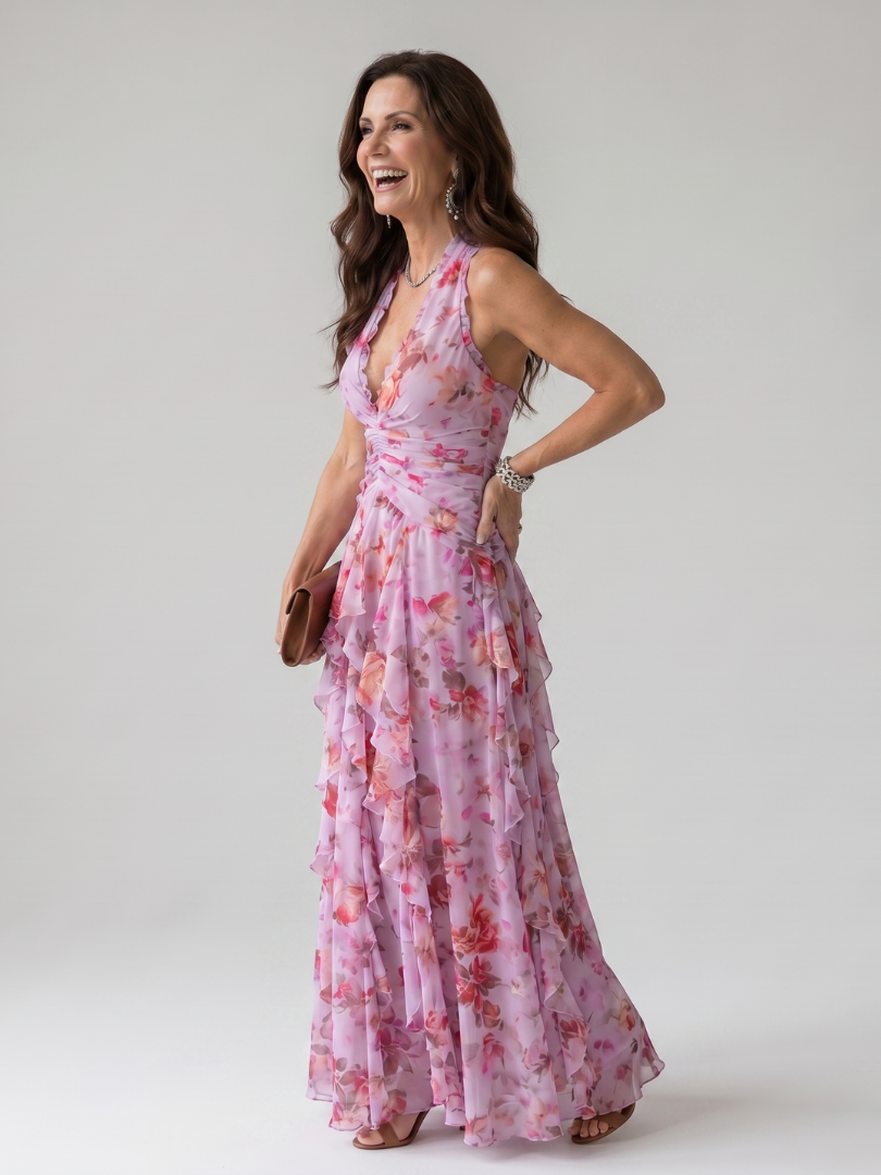 Nori | Vestido Maxi Floral con Escote Halter y Fruncido