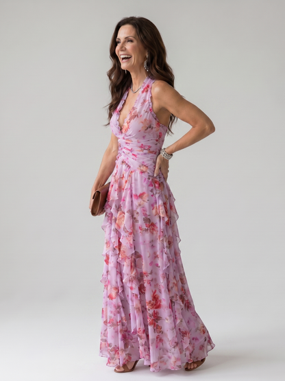 Nori | Vestido Maxi Floral con Escote Halter y Fruncido