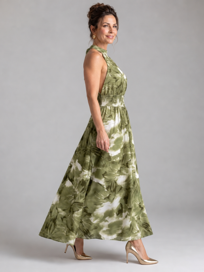 Olivia | Vestido Midi Abstracto con Cintura Fruncida