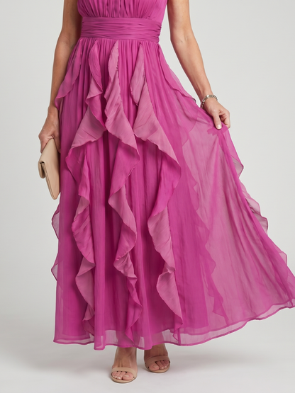 Orea | Vestido Maxi con Escote Alto y Volantes en Capas