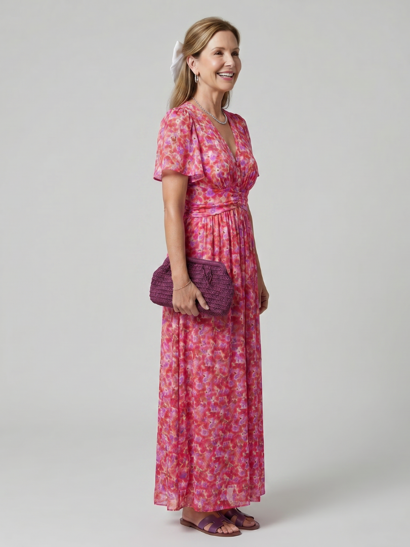 Juna | Vestido Midi Floral de Manga Corta