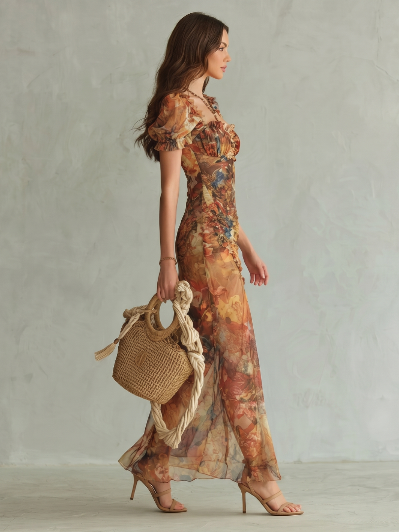 Ciel | Vestido Midi Fruncido con Mangas Volantes