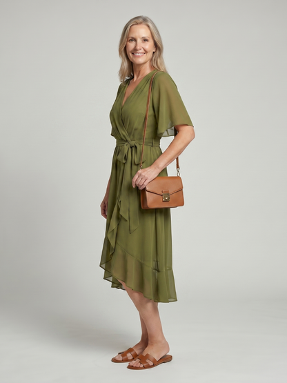Keziah | Vestido Midi Cruzado con Bajo Fluido