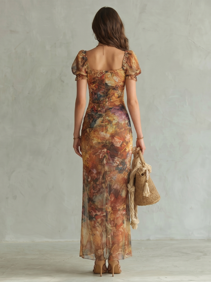 Ciel | Vestido Midi Fruncido con Mangas Volantes
