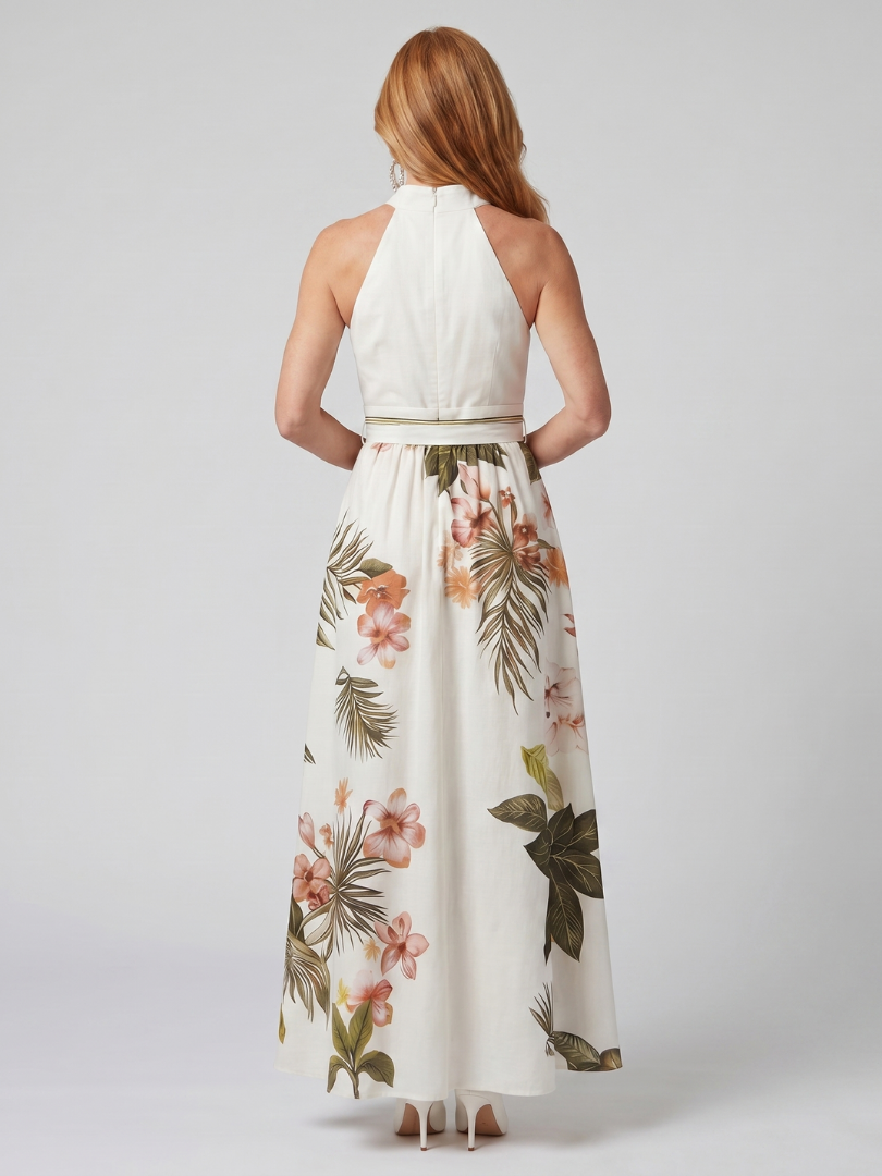 Meadow | Vestido Maxi Botánico con Escote Halter Drapado
