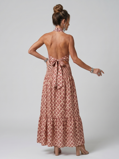 Amira | Vestido Midi con Escote Halter Cruzado y Estampado Geométrico