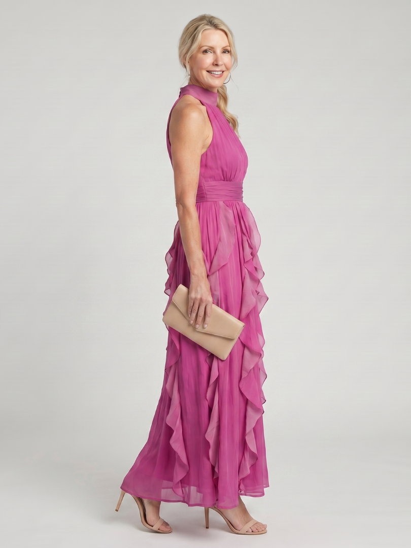 Orea | Vestido Maxi con Escote Alto y Volantes en Capas