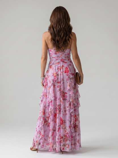 Nori | Vestido Maxi Floral con Escote Halter y Fruncido