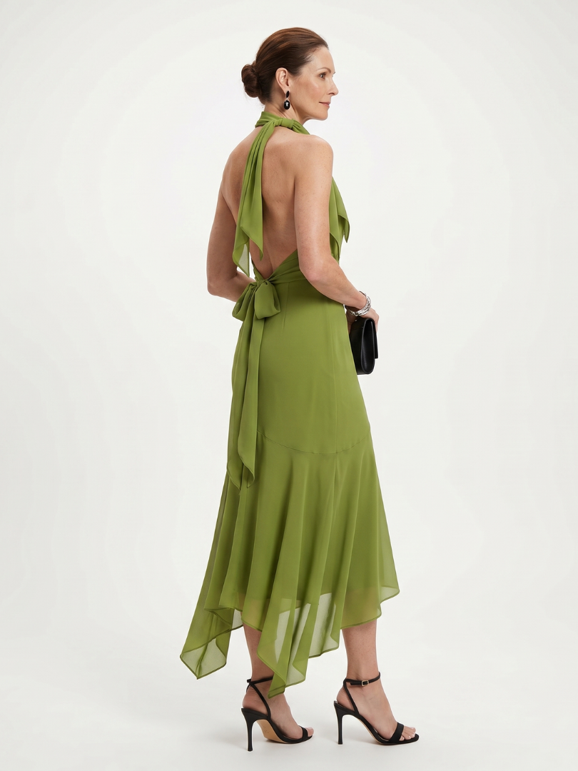 Winifred | Vestido Midi Halter Drapado con Abertura