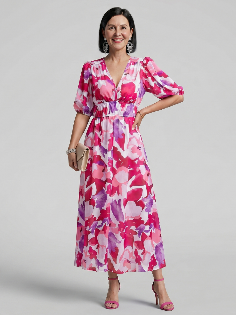Candlia | Vestido Midi con Mangas Abullonadas y Estampado Abstracto