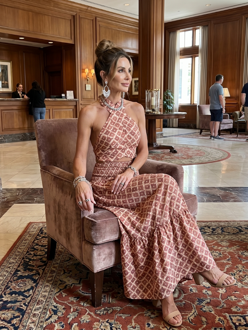 Amira | Vestido Midi con Escote Halter Cruzado y Estampado Geométrico