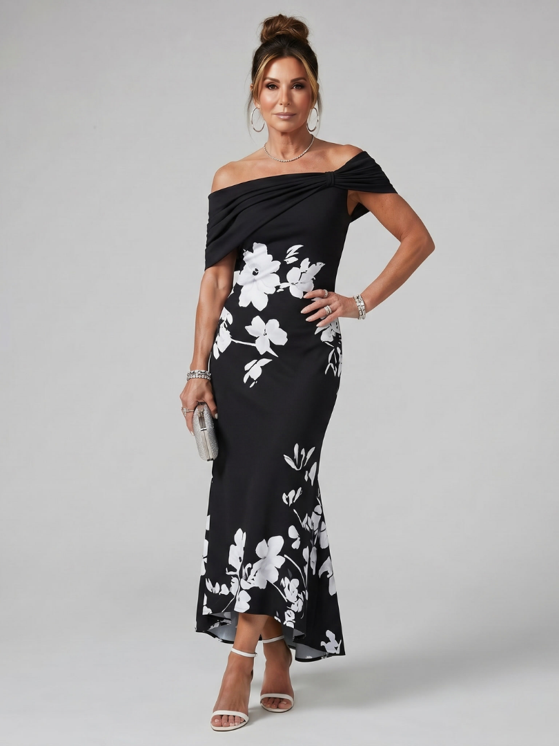 Cosma | Vestido Midi con Escote Bardot y Drapado Elegante