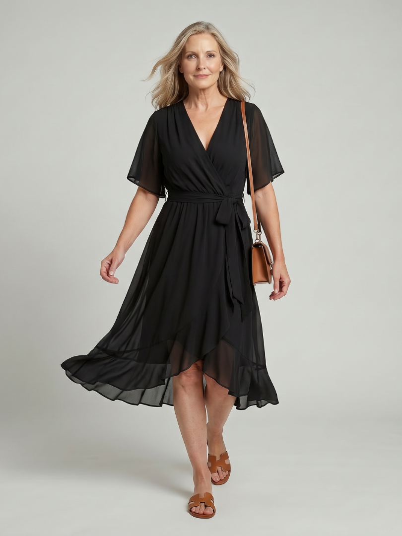 Keziah | Vestido Midi Cruzado con Bajo Fluido