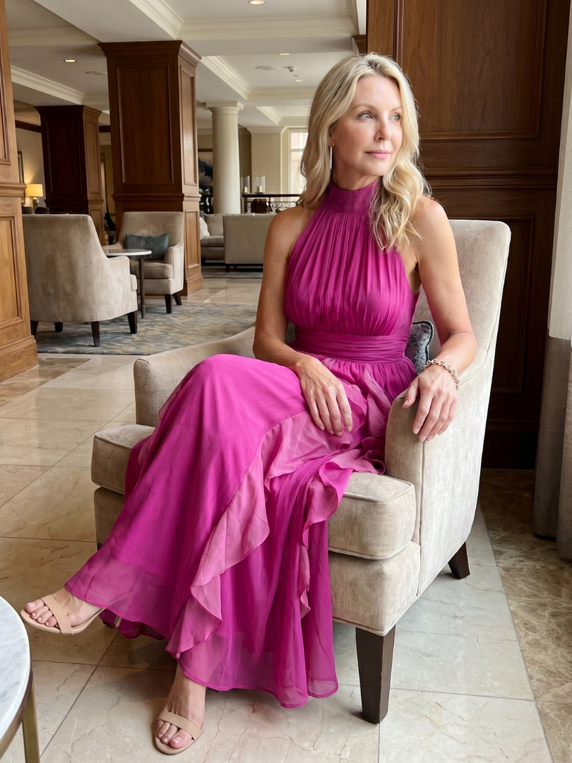 Orea | Vestido Maxi con Escote Alto y Volantes en Capas