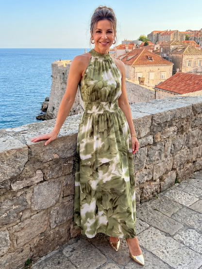 Olivia | Vestido Midi Abstracto con Cintura Fruncida
