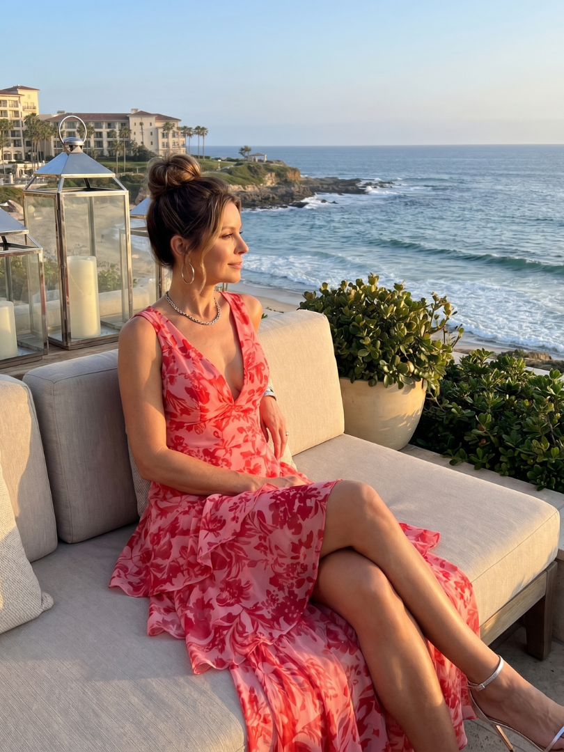 Gala | Vestido Midi sin Mangas con Escote en V y Estampado Artístico