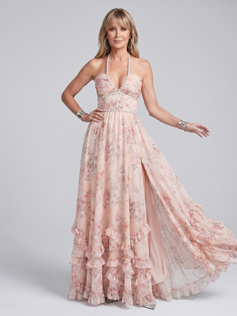 Alessia | Vestido Maxi Floral con Escote Halter y Tirantes de Cuentas
