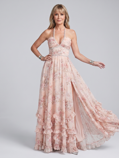 Alessia | Vestido Maxi Floral con Escote Halter y Tirantes de Cuentas